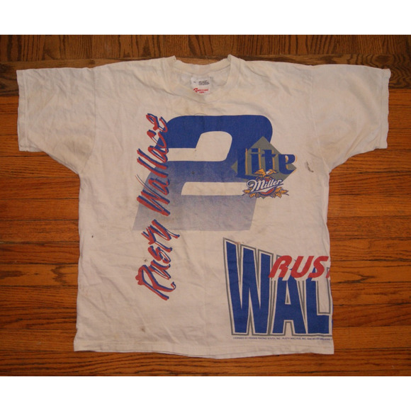 Vintage 90s Rusty Wallace #2 AOP Wrap Around White XL TShirt Distressed Nascar - Picture 1 of 13